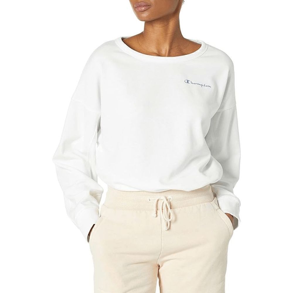 Champion Women's White Campus French Terry Cropped Graphic Crew Large NWT